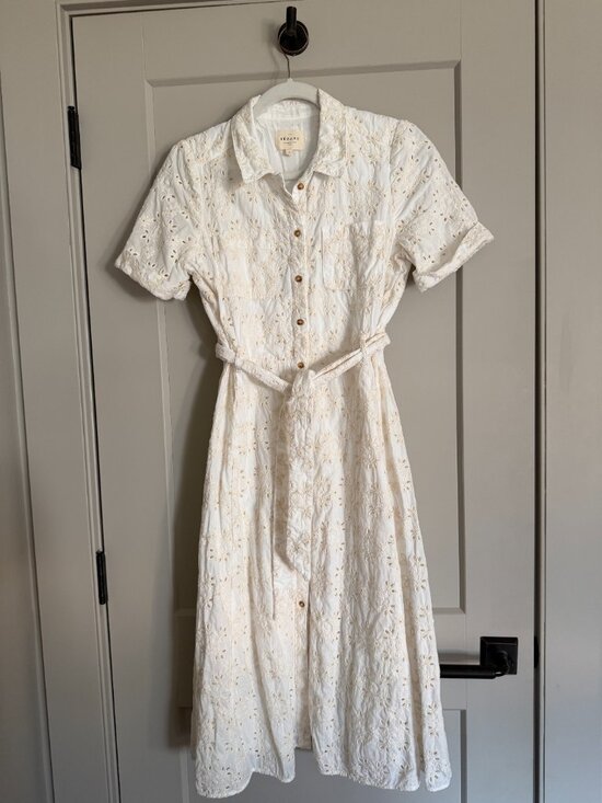 Sézane Adèle Dress Ecru Eyelet Broderie Anglaise Belted Shirt Dress Size 38 - Picture 3 of 5